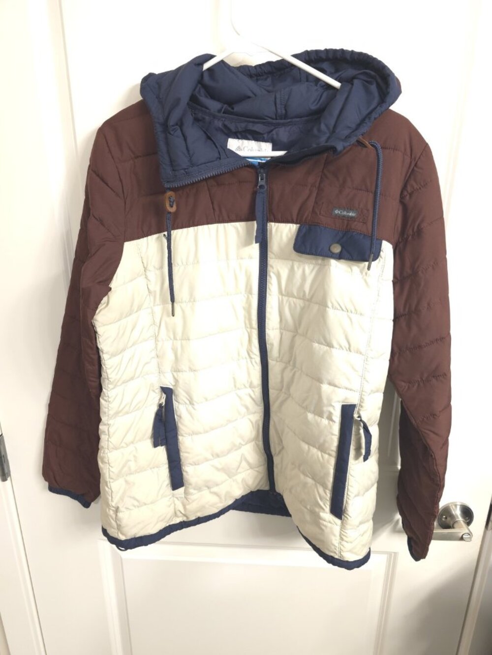 Columbia Men's Large Hooded Puffer Jacket Brown Cream Blue Full Zip Insulated